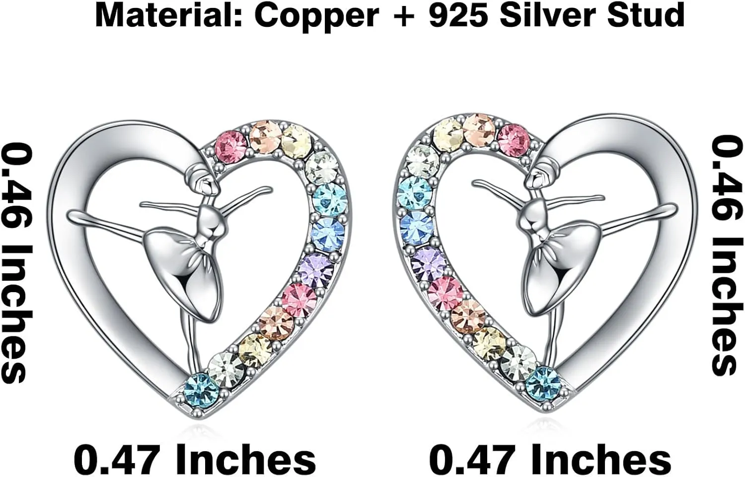 Girls Ballet & Gymnastics Stud Earrings - Rainbow Heart Dance Earrings for Recital Gifts