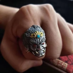 Gixaxak Red Eye and Gold Teeth Skull Ring for Men 14K Gold Adjustable Opening Samurai Rakshasa Mask Prajna Ring Men's Jewelry Skull Gothic Ring Skull Rings Stainless Steel Jewelry Chunky Ring