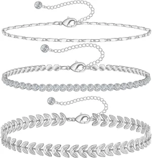 Gold Ankle Bracelets for Women 14k Gold Plated Anklet Silver Tennis Rose Quartz Cross Bead Herringbone Snake Paperclip Chain Cubic Zirconia Dainty Layered Anklet Set 3Pcs