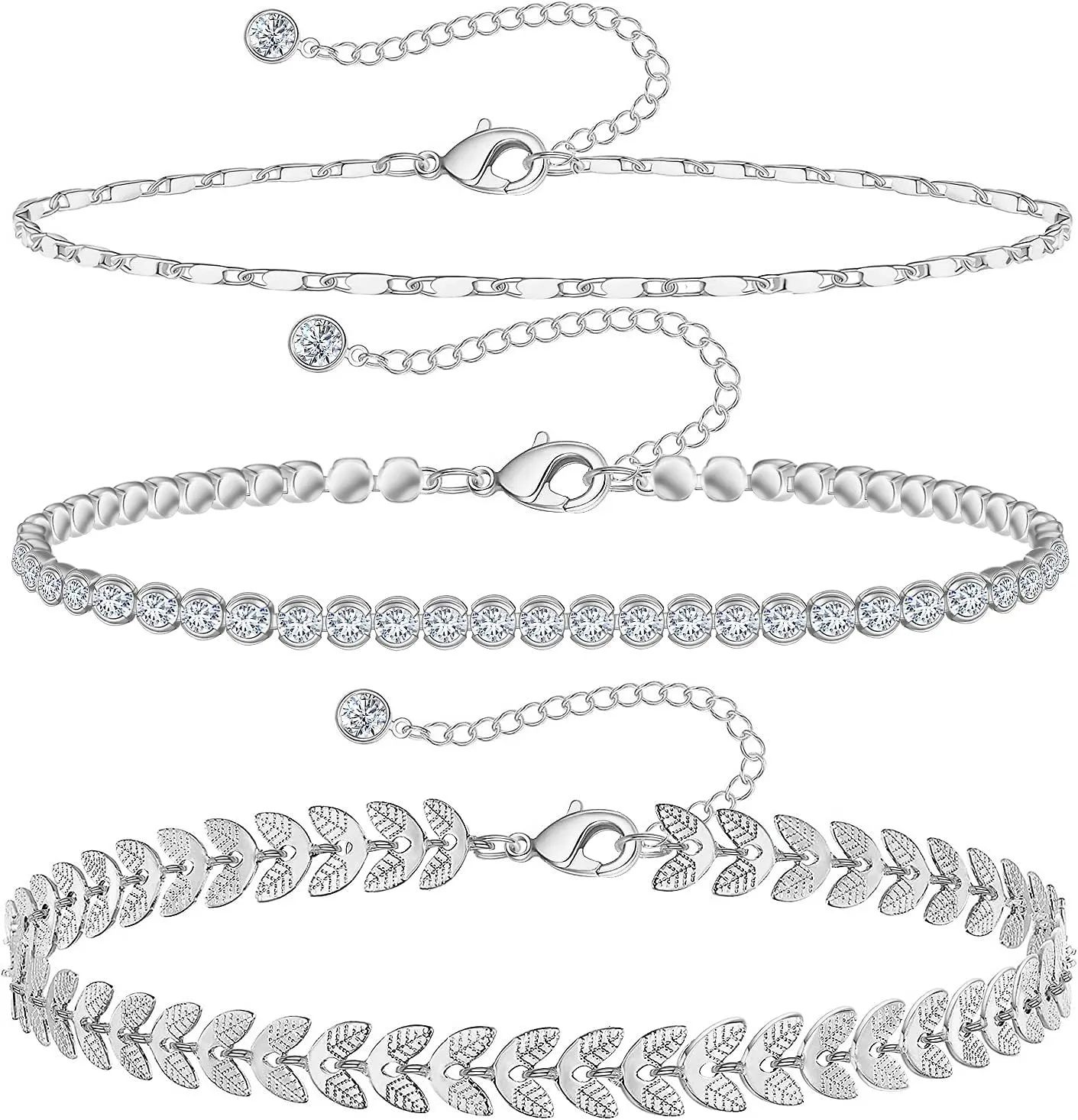 Gold Ankle Bracelets for Women 14k Gold Plated Anklet Silver Tennis Rose Quartz Cross Bead Herringbone Snake Paperclip Chain Cubic Zirconia Dainty Layered Anklet Set 3Pcs