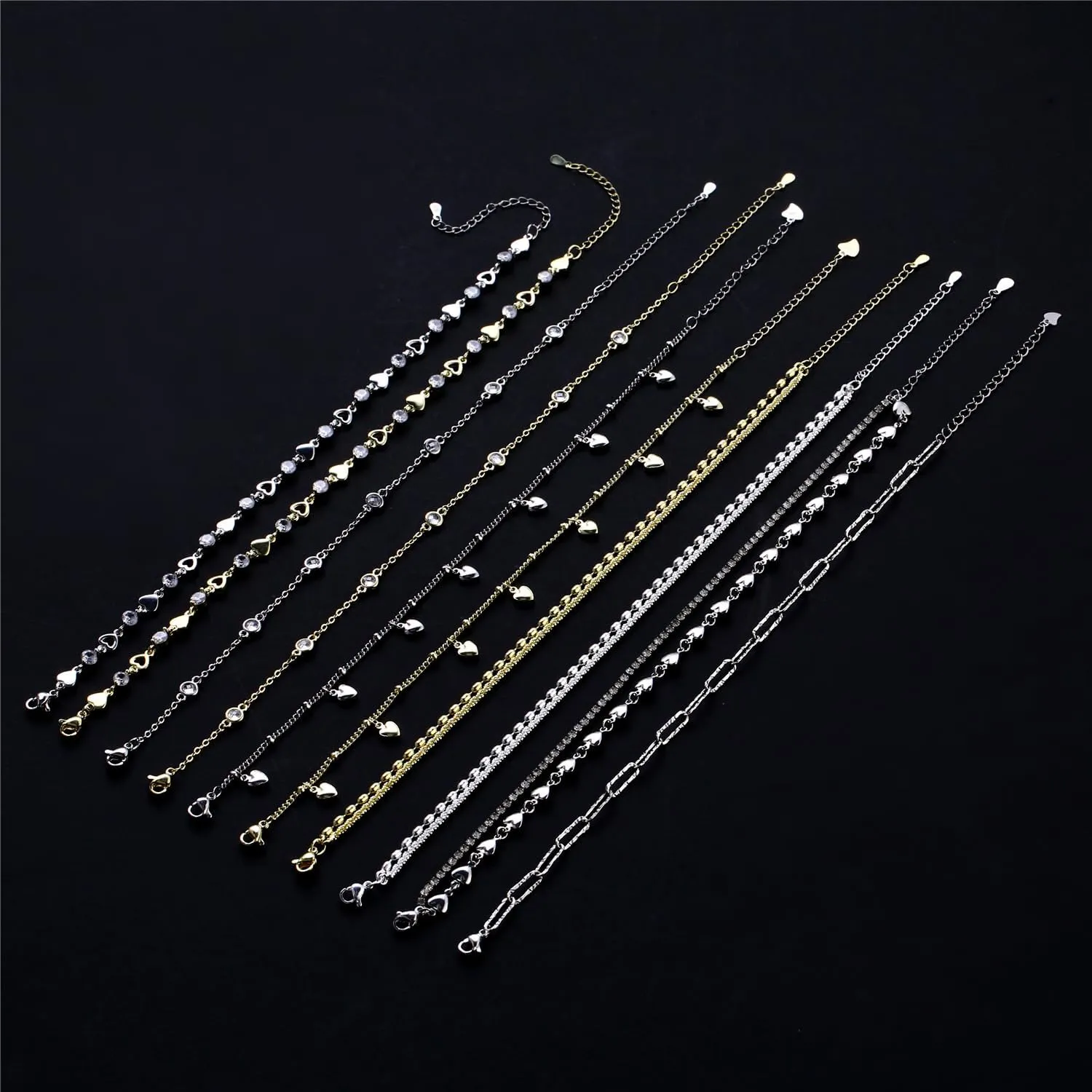 Gold Ankle Bracelets for Women 14K White Gold Plated Heart Charm Link Flat Anklets for Women Paperclip Beaded Zircon Chain Anklet