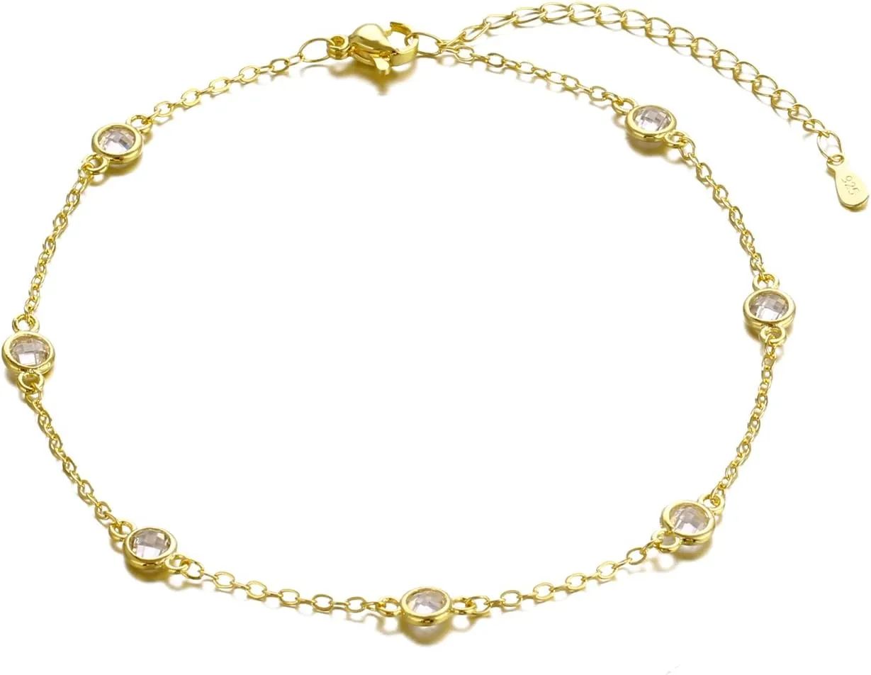Gold Ankle Bracelets for Women 14K White Gold Plated Heart Charm Link Flat Anklets for Women Paperclip Beaded Zircon Chain Anklet