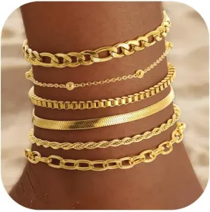 Gold Ankle Bracelets for Women, 18k Gold Plated Waterproof Bead Snack Figaro Cuban Link Chain Anklets Set Adjustable, Layered Paperclip Anklet Bracelets Non Tarnish Beach Jewelry Gifts