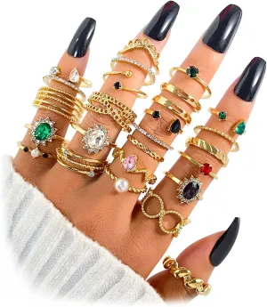Gold Boho Sparkle Knuckle Rings Set For Women, Vintage Fashion Aesthetic Trendy Joint Snake Ring Pack, Retro Green Black Pink Colorful Rhinestone Star Crystal Leaf Diamond Pearl Jewelry