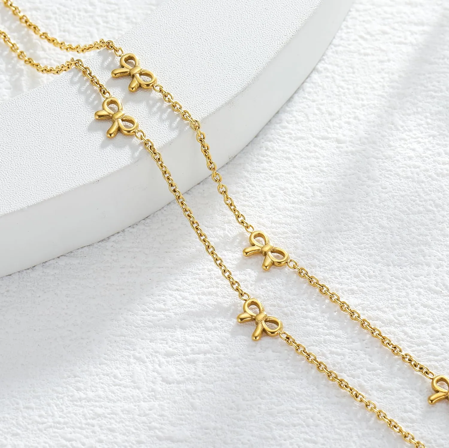 Gold Bow Necklace Dainty Bow Necklace for Women Tiny Cute Bow Pendant Station Necklaces for women 18K Gold Plated Stainless Steel Lucky 4 Leaf Pendant Jewelny