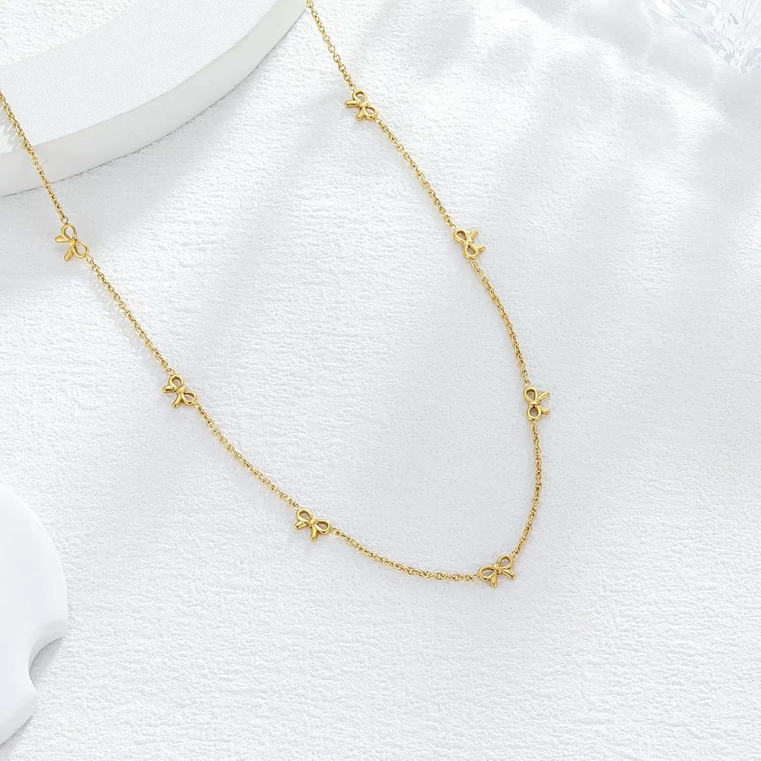 Gold Bow Necklace Dainty Bow Necklace for Women Tiny Cute Bow Pendant Station Necklaces for women 18K Gold Plated Stainless Steel Lucky 4 Leaf Pendant Jewelny