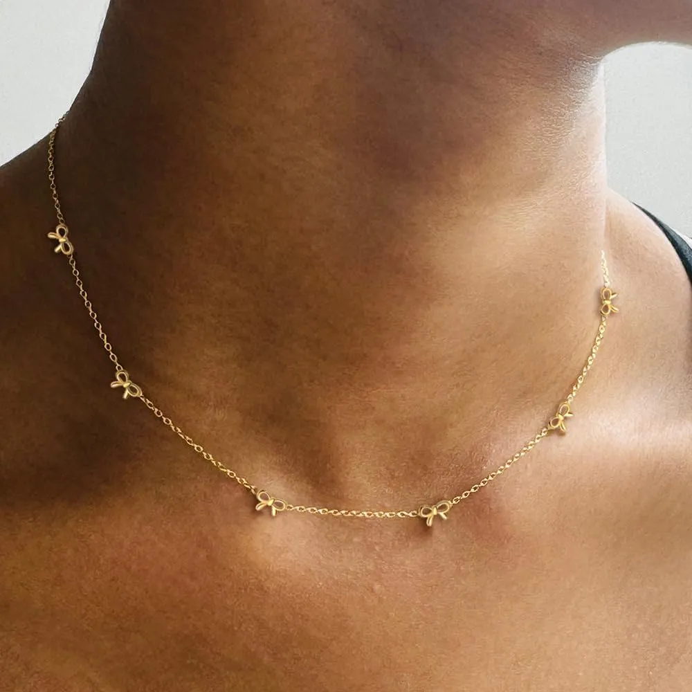 Gold Bow Necklace Dainty Bow Necklace for Women Tiny Cute Bow Pendant Station Necklaces for women 18K Gold Plated Stainless Steel Lucky 4 Leaf Pendant Jewelny