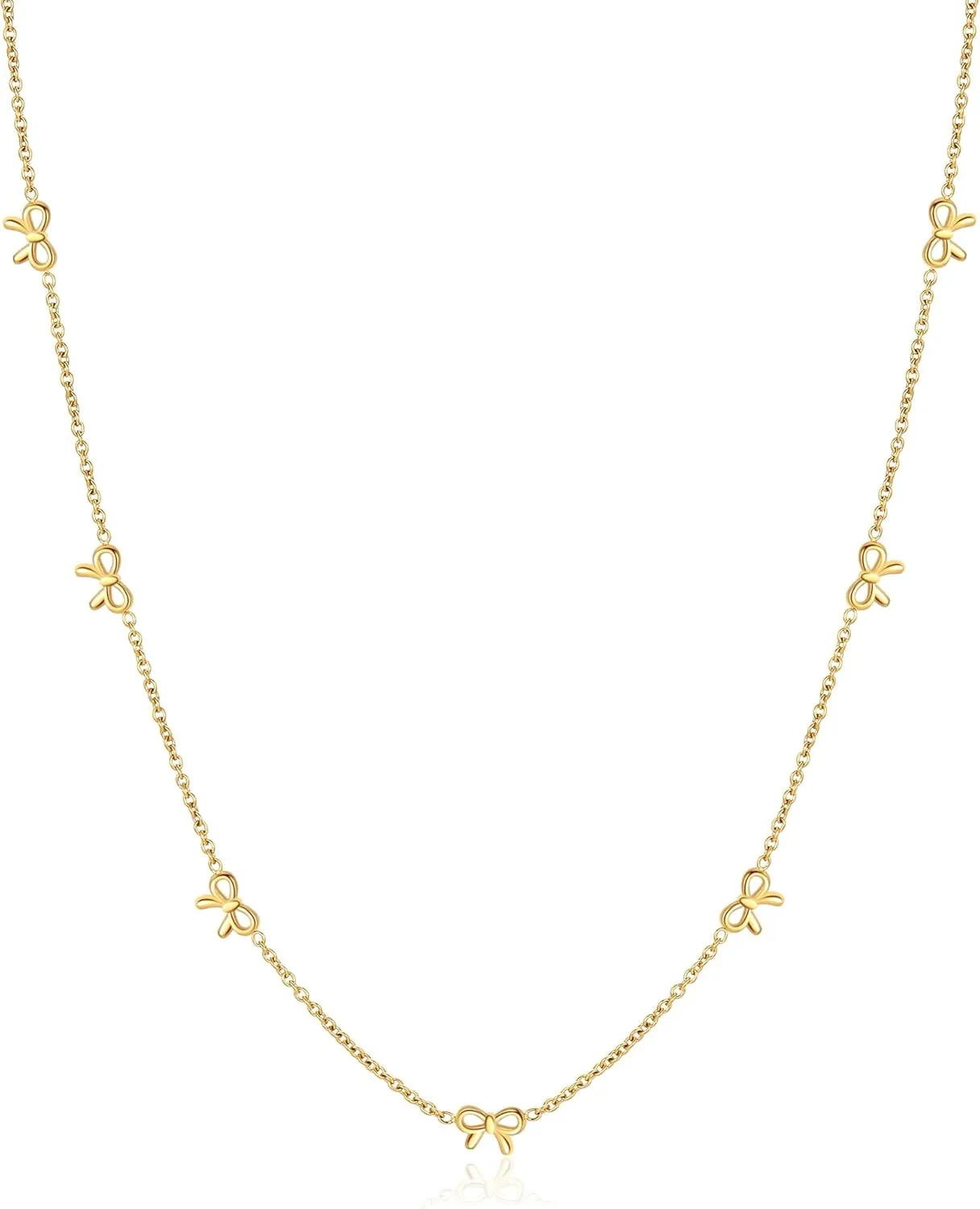 Gold Bow Necklace Dainty Bow Necklace for Women Tiny Cute Bow Pendant Station Necklaces for women 18K Gold Plated Stainless Steel Lucky 4 Leaf Pendant Jewelny