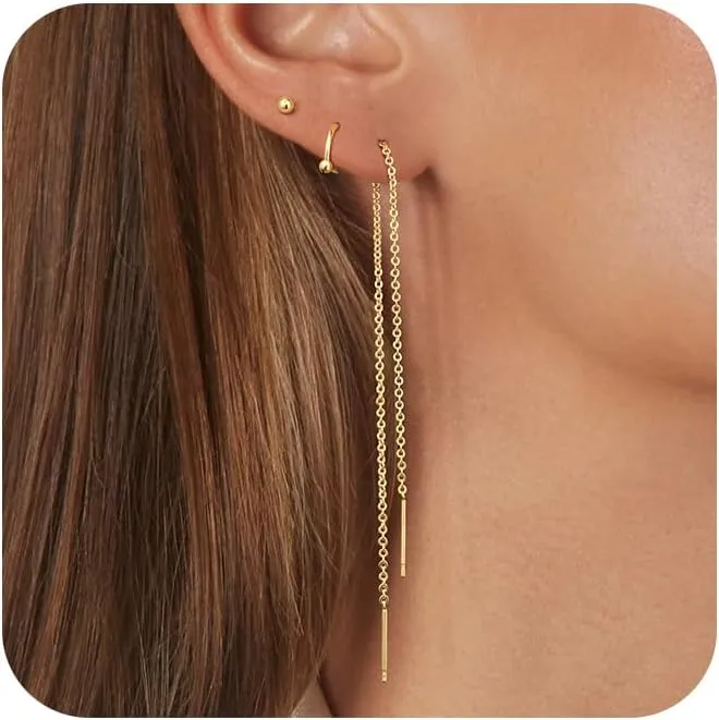 Gold Chain Earrings for Women Dainty Long Dangle Earrings Set, Trendy Hoop Cubic Zirconia Stud Earring Stack, Hypoallergenic Drop Earrings Jewelry for Womens 3 Pairs
