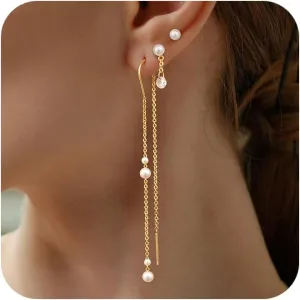 Gold Chain Earrings for Women Dainty Long Dangle Earrings Set, Trendy Hoop Cubic Zirconia Stud Earring Stack, Hypoallergenic Drop Earrings Jewelry for Womens 3 Pairs