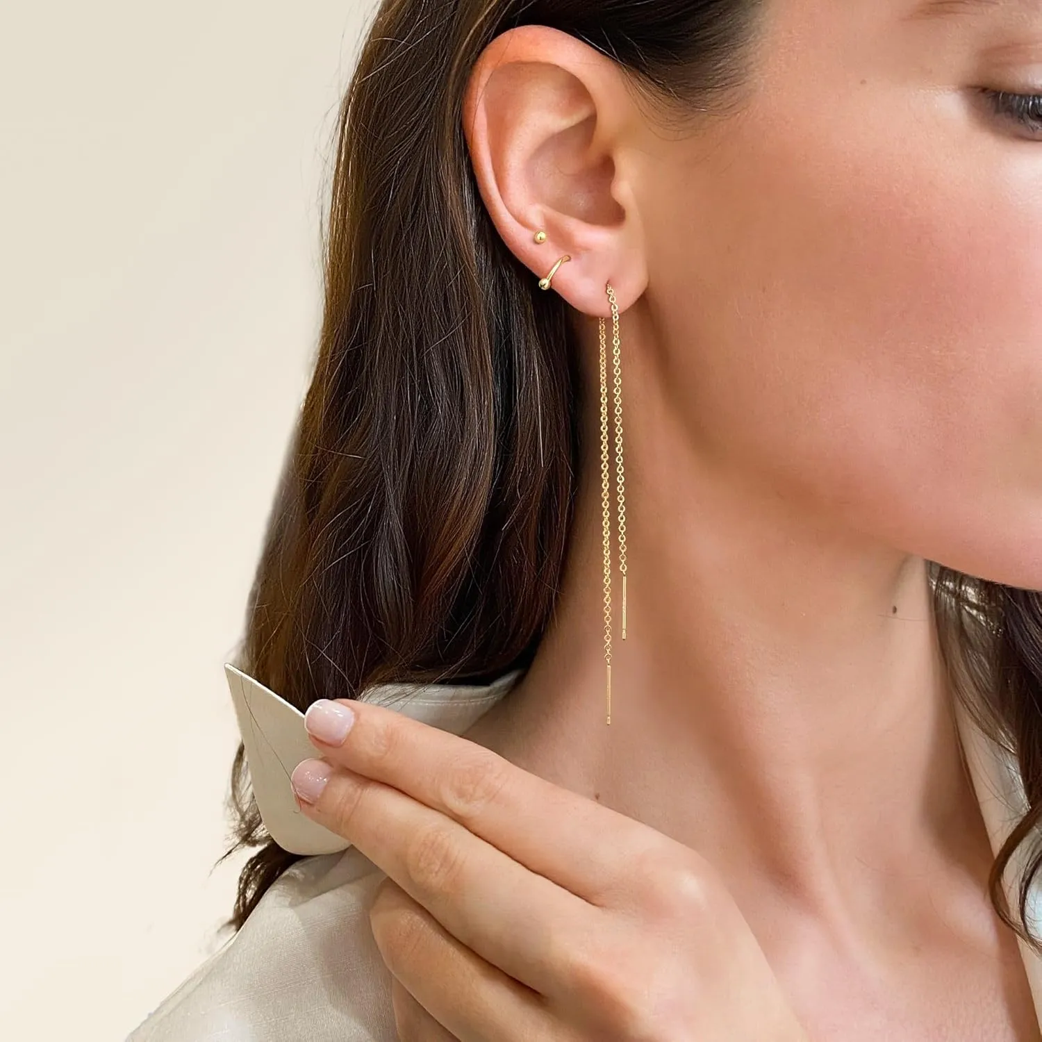 Gold Chain Earrings for Women Dainty Long Dangle Earrings Set, Trendy Hoop Cubic Zirconia Stud Earring Stack, Hypoallergenic Drop Earrings Jewelry for Womens 3 Pairs