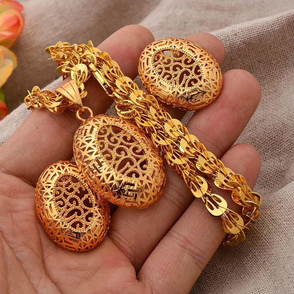 Gold Color African Bridal Jewelry Set for Women - Necklace, Earrings & Pendant Wedding Gifts