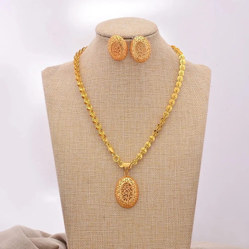 Gold Color African Bridal Jewelry Set for Women - Necklace, Earrings & Pendant Wedding Gifts