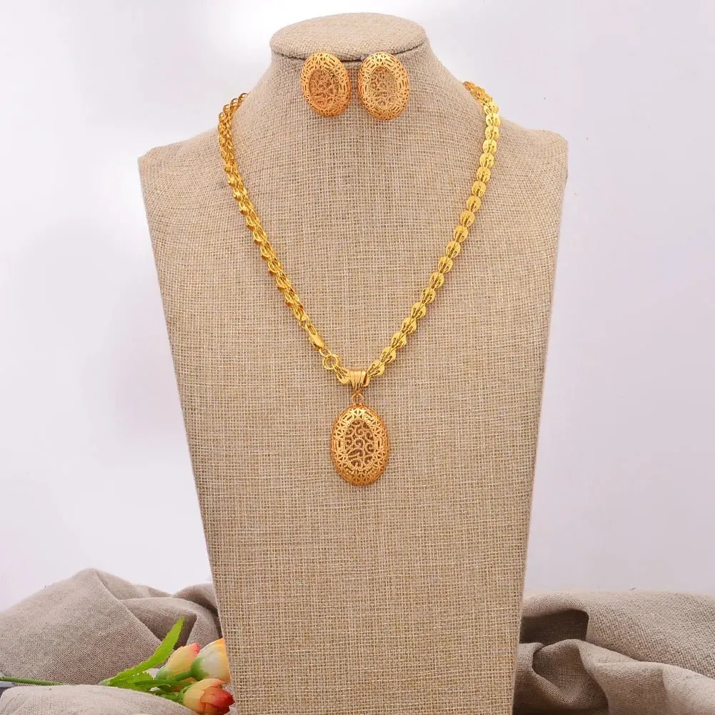 Gold Color African Bridal Jewelry Set for Women - Necklace, Earrings & Pendant Wedding Gifts