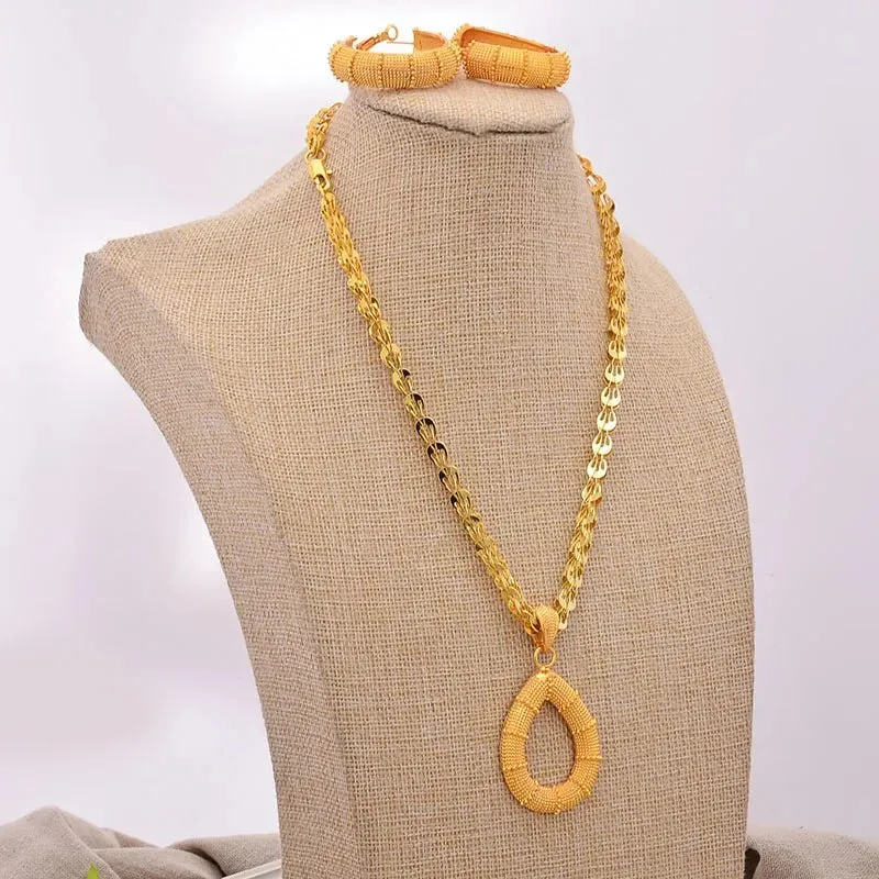 Gold Color African Bridal Jewelry Set for Women - Necklace, Earrings & Pendant Wedding Gifts