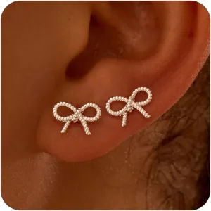 Gold Earrings for Women,14K Gold Plated Dainty Cute Bow Stud,Tarnish Free Hypoallergenic Chunky Bow Earrings for Women Trendy,Tragus Piercing Ribbon Stud Jewelry Gifts