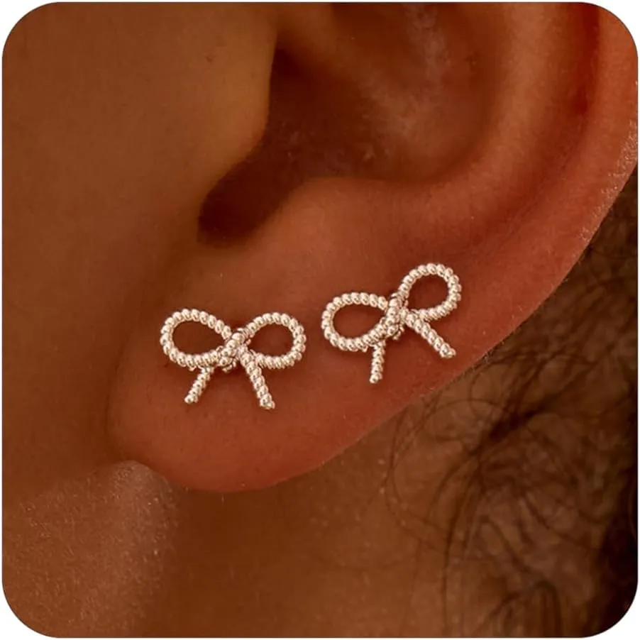 Gold Earrings for Women,14K Gold Plated Dainty Cute Bow Stud,Tarnish Free Hypoallergenic Chunky Bow Earrings for Women Trendy,Tragus Piercing Ribbon Stud Jewelry Gifts