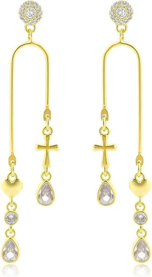 Gold Heart Bow Earrings for Women 14K Gold Plated Dangle U Shaped Earrings with Colorful Teardrop Cubic Zirconia Long Chain Bow Knot Butterfly Flower Moon Star Love Heart Cross Trendy Jewelry Gifts