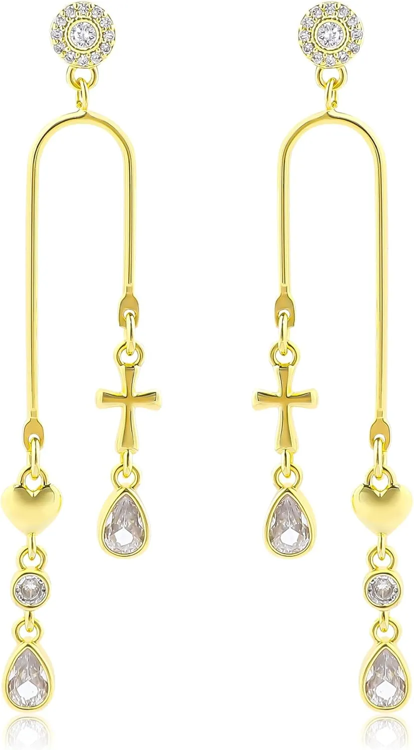 Gold Heart Bow Earrings for Women 14K Gold Plated Dangle U Shaped Earrings with Colorful Teardrop Cubic Zirconia Long Chain Bow Knot Butterfly Flower Moon Star Love Heart Cross Trendy Jewelry Gifts