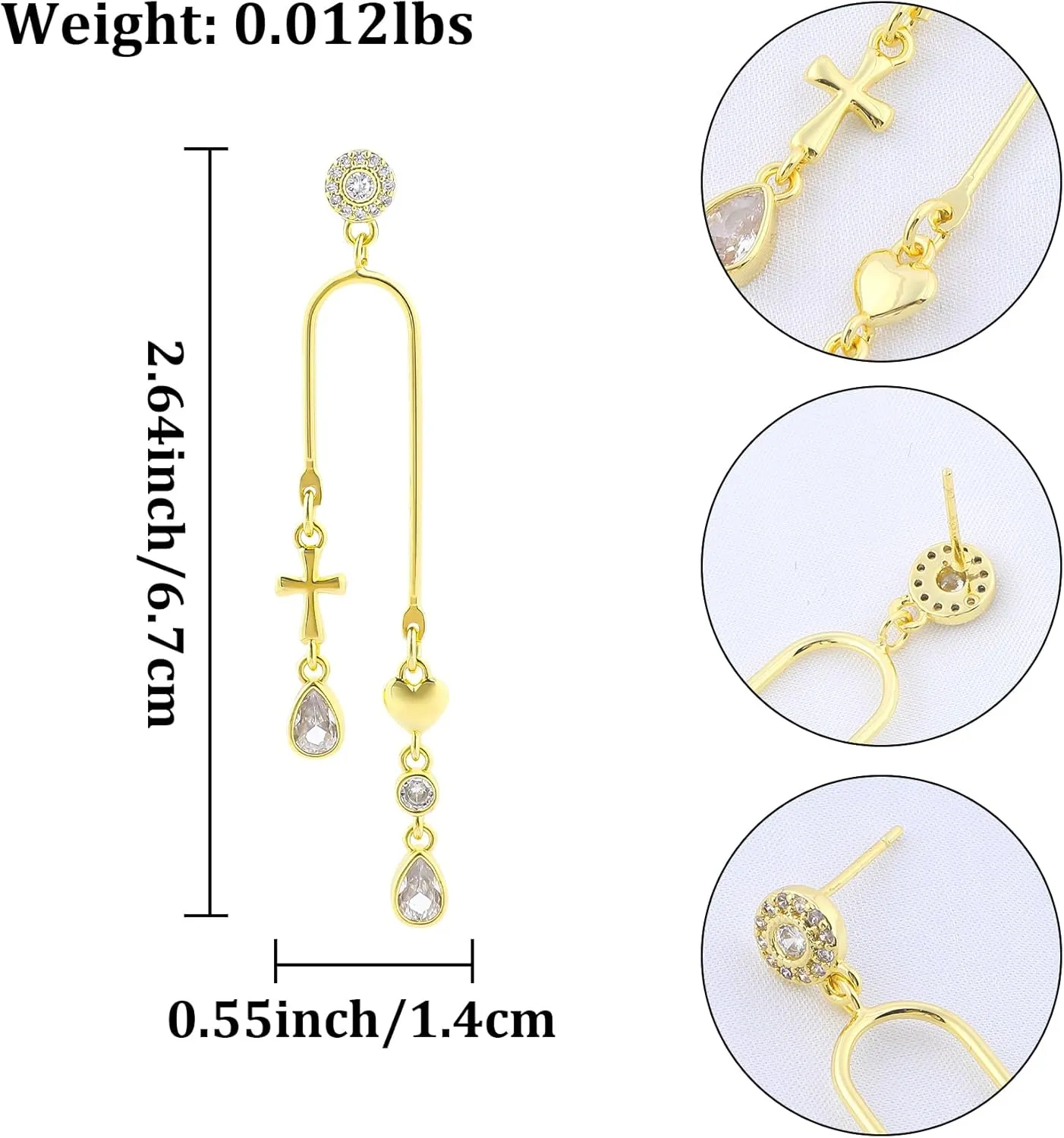 Gold Heart Bow Earrings for Women 14K Gold Plated Dangle U Shaped Earrings with Colorful Teardrop Cubic Zirconia Long Chain Bow Knot Butterfly Flower Moon Star Love Heart Cross Trendy Jewelry Gifts