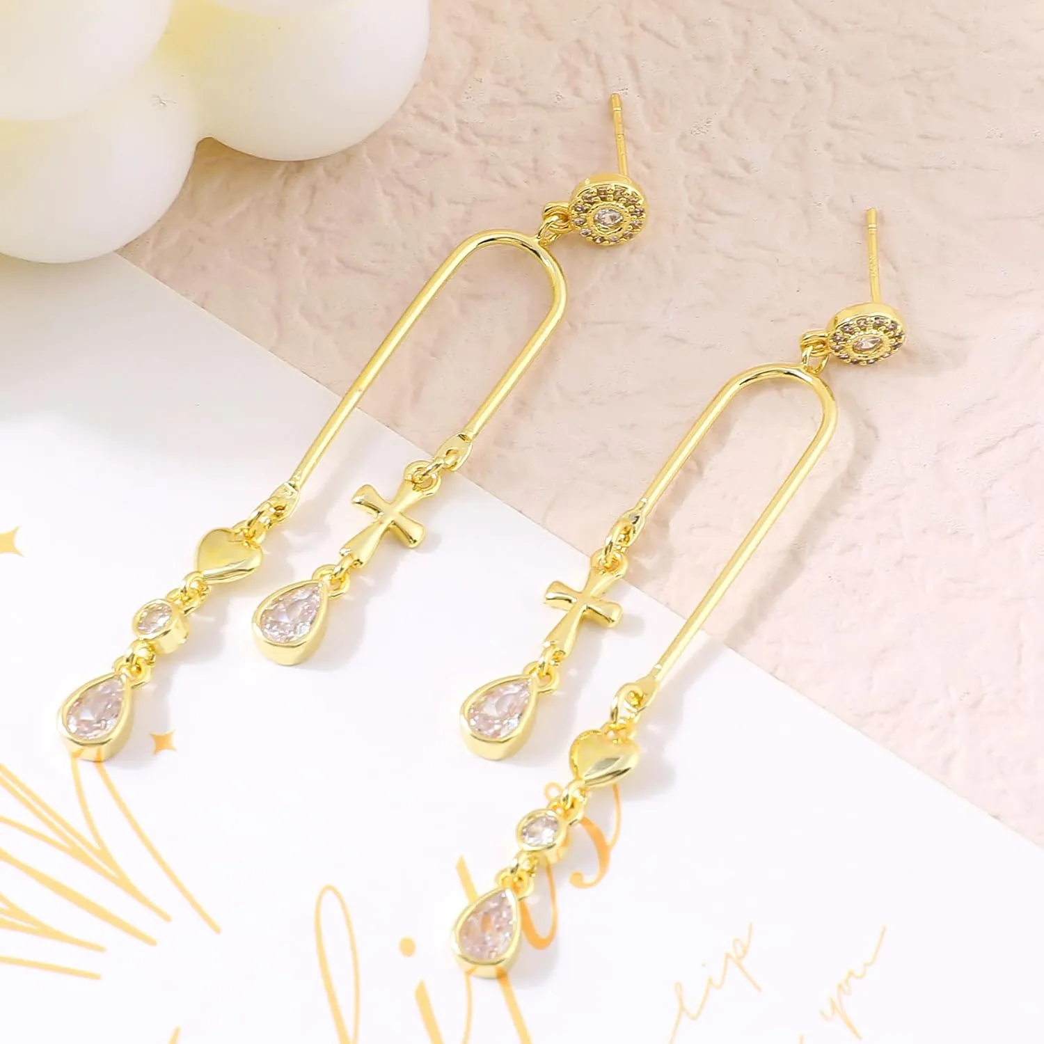 Gold Heart Bow Earrings for Women 14K Gold Plated Dangle U Shaped Earrings with Colorful Teardrop Cubic Zirconia Long Chain Bow Knot Butterfly Flower Moon Star Love Heart Cross Trendy Jewelry Gifts