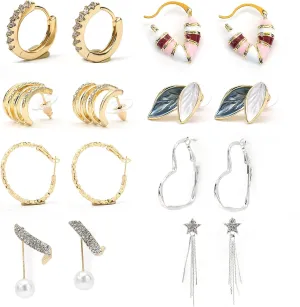 Gold Hoop Earrings Set for Women 8 pairs of stylish heavy pearl multi-style package earrings set earrings for women trendy Hypoallergenic Small Big Hoops Earrings for Birthday Party Christmas Jewelry Gift