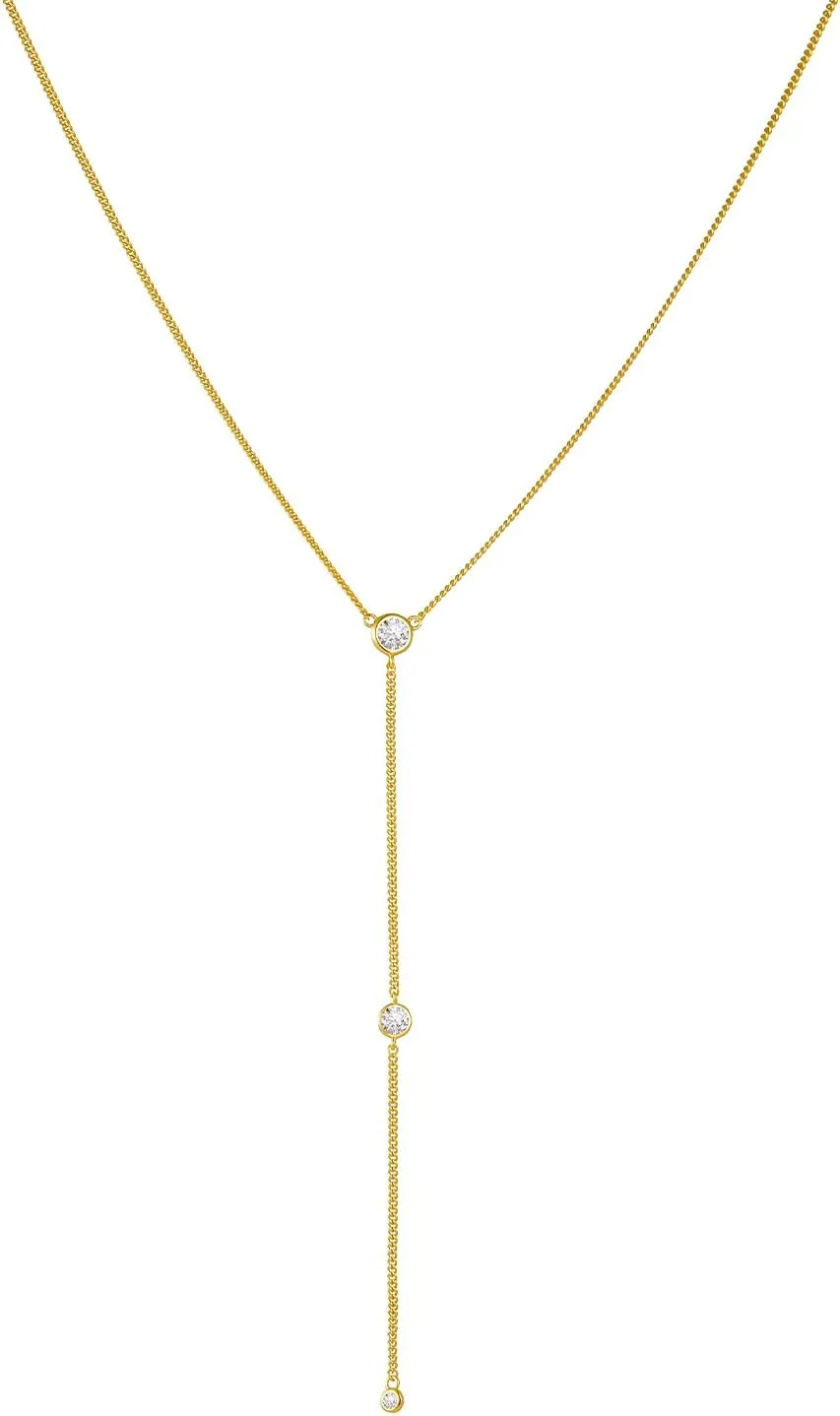 Gold Lariat Long Necklaces for Women: Genuine 925 Sterling Silver 14K Gold Plated Drop Chain with CZ Diamond Pendant Y Necklace Dainty Trendy Fashion Minimalist Jewelry Birthday Gifts for Her Wife