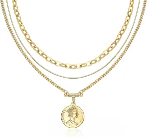 Gold Layered Necklace for Women, 14K Gold Plated Coin Cross Pendant Necklace Chunky Chain Choker Gold Layering Necklaces for Women