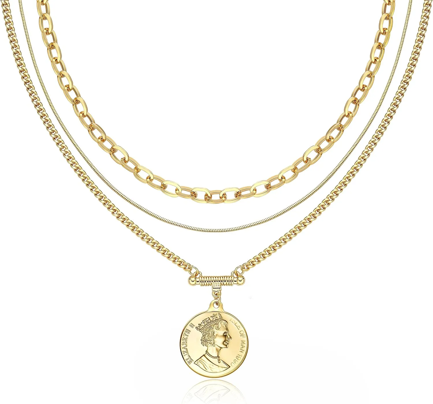 Gold Layered Necklace for Women, 14K Gold Plated Coin Cross Pendant Necklace Chunky Chain Choker Gold Layering Necklaces for Women