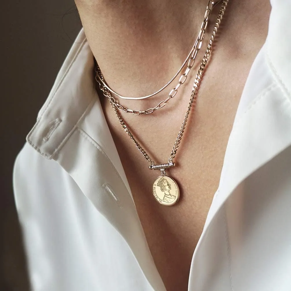 Gold Layered Necklace for Women, 14K Gold Plated Coin Cross Pendant Necklace Chunky Chain Choker Gold Layering Necklaces for Women