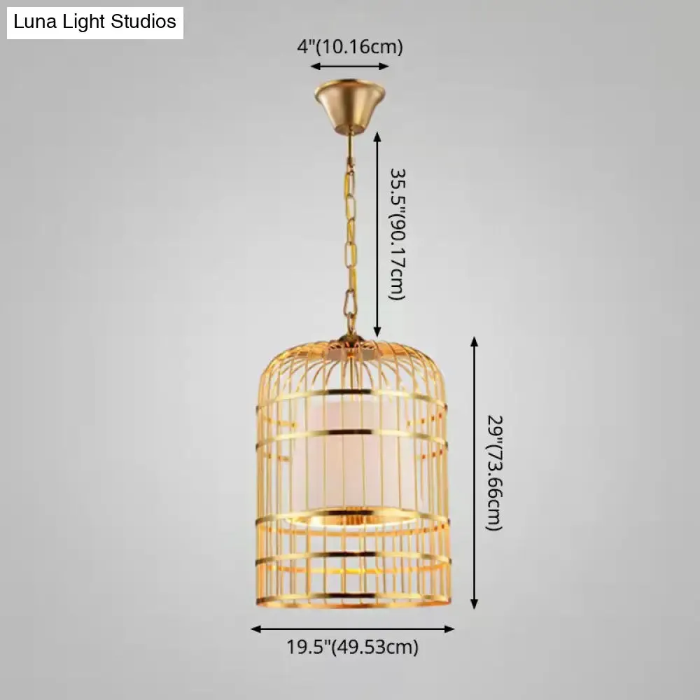 Gold Plated Birdcage Hanging Lamp - Country Metal Ceiling Light with Cone Shade