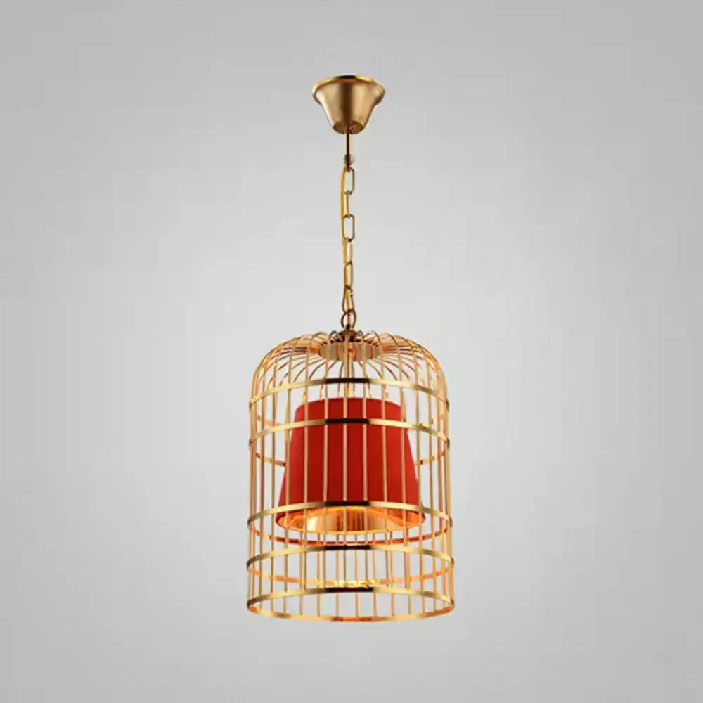 Gold Plated Birdcage Hanging Lamp - Country Metal Ceiling Light with Cone Shade