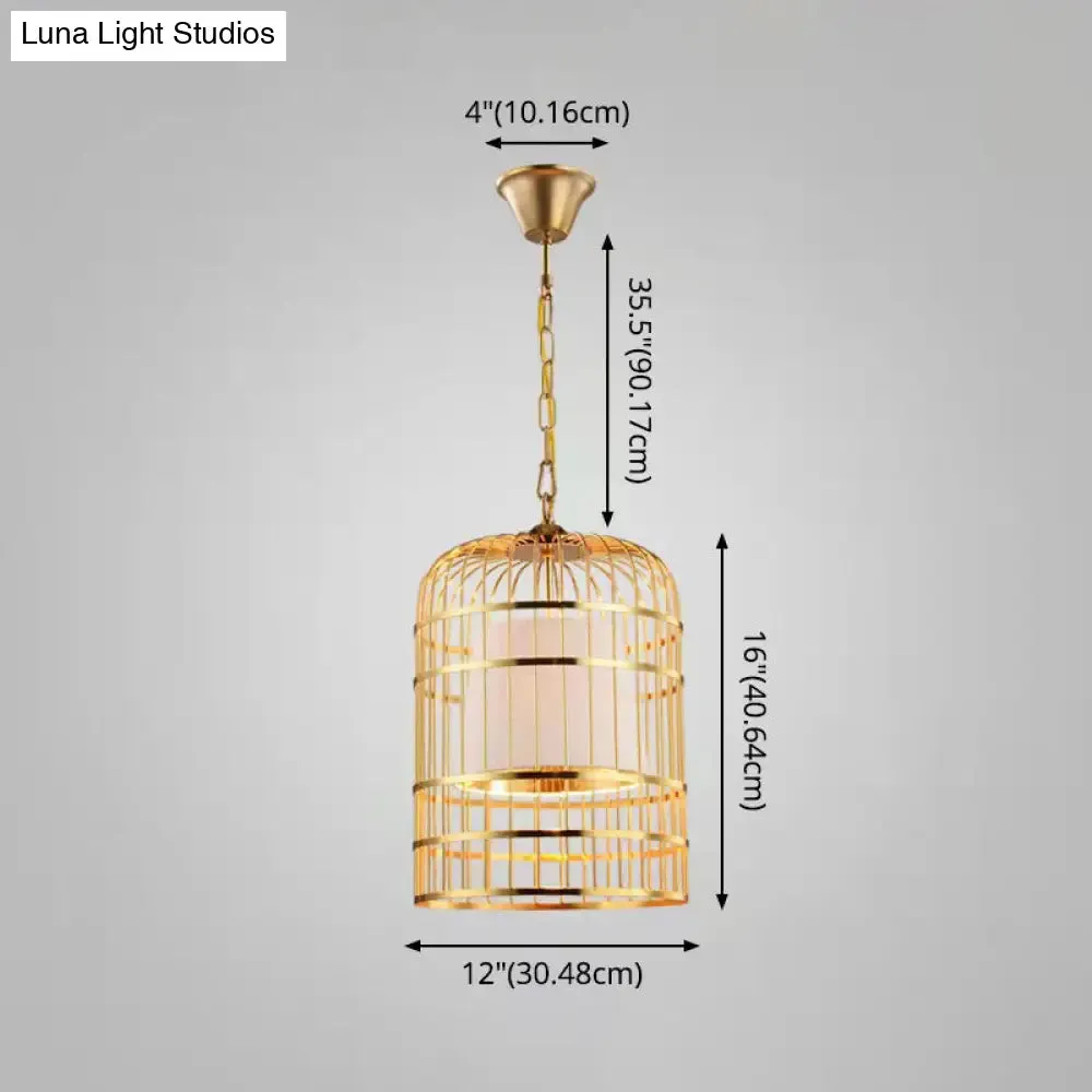Gold Plated Birdcage Hanging Lamp - Country Metal Ceiling Light with Cone Shade