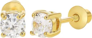 Gold Plated Clear Cubic Zirconia April Prong Set Screw Back Earrings for Kids & Teens - Beautiful and Stylish Prong Set Clear CZ Safety Screw Back Earrings for Little Girls