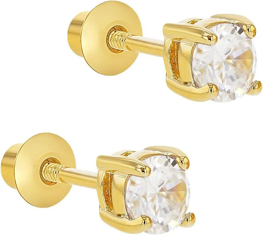 Gold Plated Clear Cubic Zirconia April Prong Set Screw Back Earrings for Kids & Teens - Beautiful and Stylish Prong Set Clear CZ Safety Screw Back Earrings for Little Girls