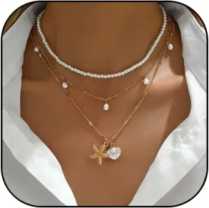 Gold Starfish Necklace for Women Shell Pendant Necklace Layered Boho Pearl Choker Necklace Summer Beach Surfer Jewelry Outfits Accessories