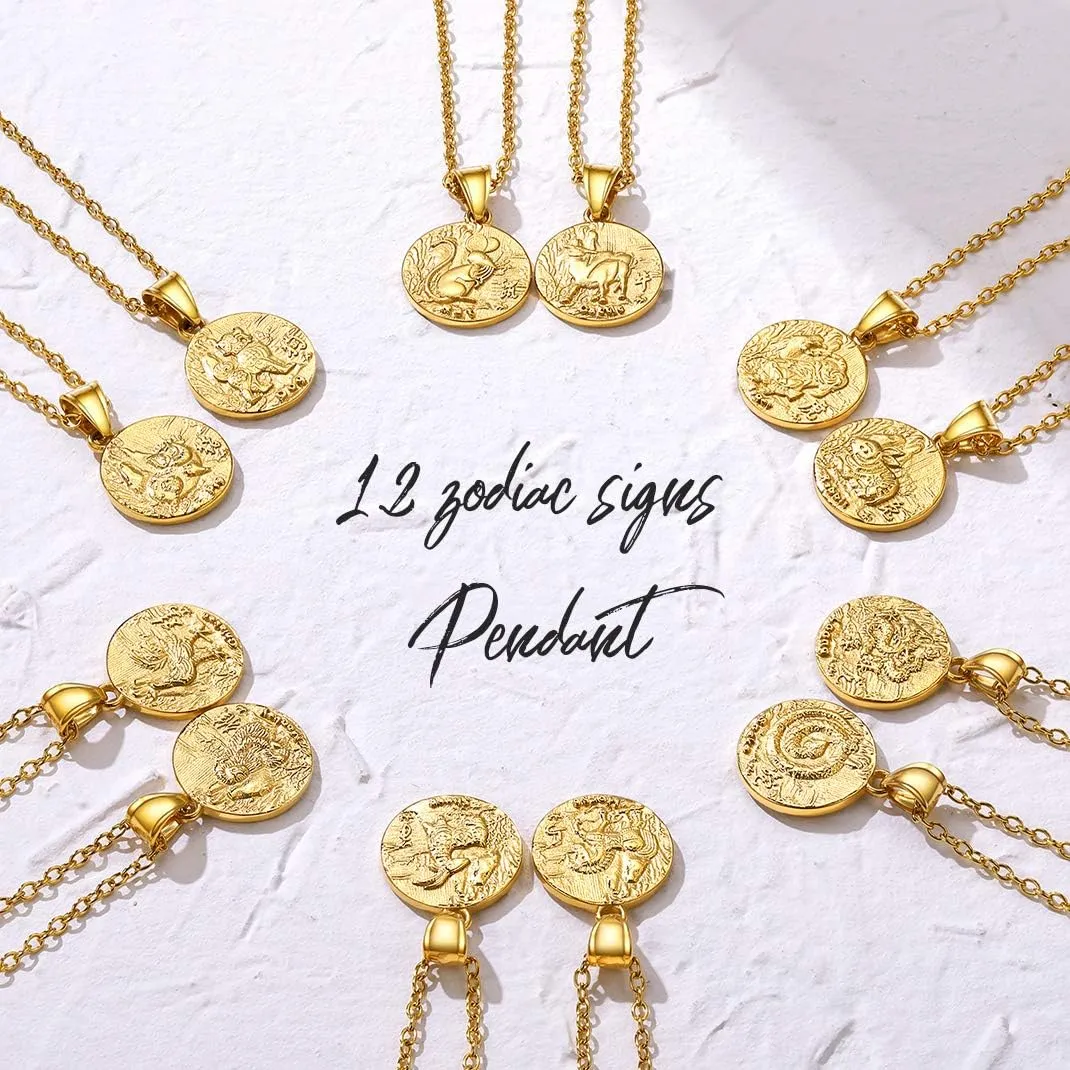 GOLDCHIC JEWELRY Chinese Zodiac Coin Necklace, Gold Round Disc Handmade Animal Pendant Amulet Lucky Charm Necklaces for Women/Girl, Birthday Gift (with Gift Box)