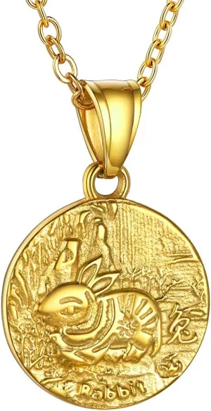 GOLDCHIC JEWELRY Chinese Zodiac Coin Necklace, Gold Round Disc Handmade Animal Pendant Amulet Lucky Charm Necklaces for Women/Girl, Birthday Gift (with Gift Box)