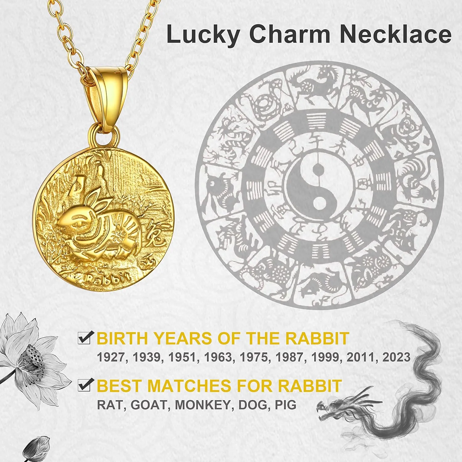 GOLDCHIC JEWELRY Chinese Zodiac Coin Necklace, Gold Round Disc Handmade Animal Pendant Amulet Lucky Charm Necklaces for Women/Girl, Birthday Gift (with Gift Box)