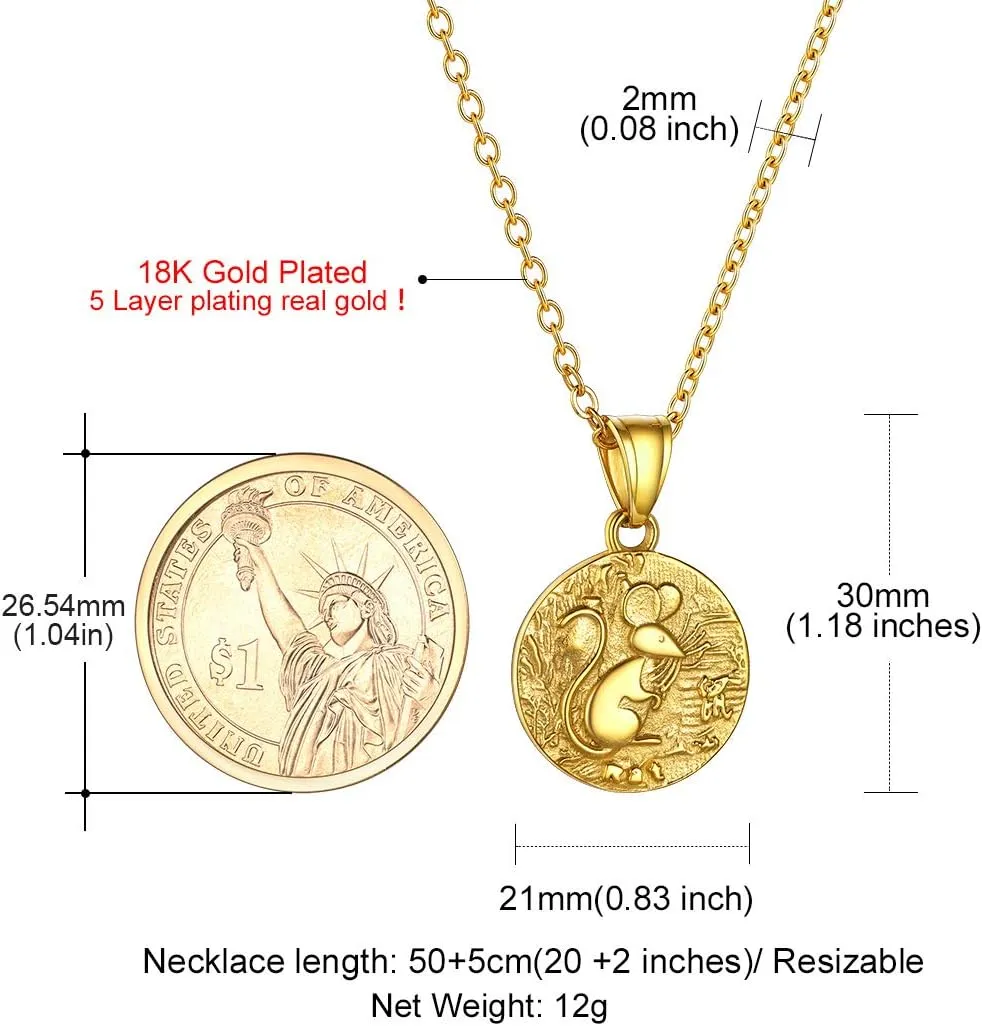 GOLDCHIC JEWELRY Chinese Zodiac Coin Necklace, Gold Round Disc Handmade Animal Pendant Amulet Lucky Charm Necklaces for Women/Girl, Birthday Gift (with Gift Box)
