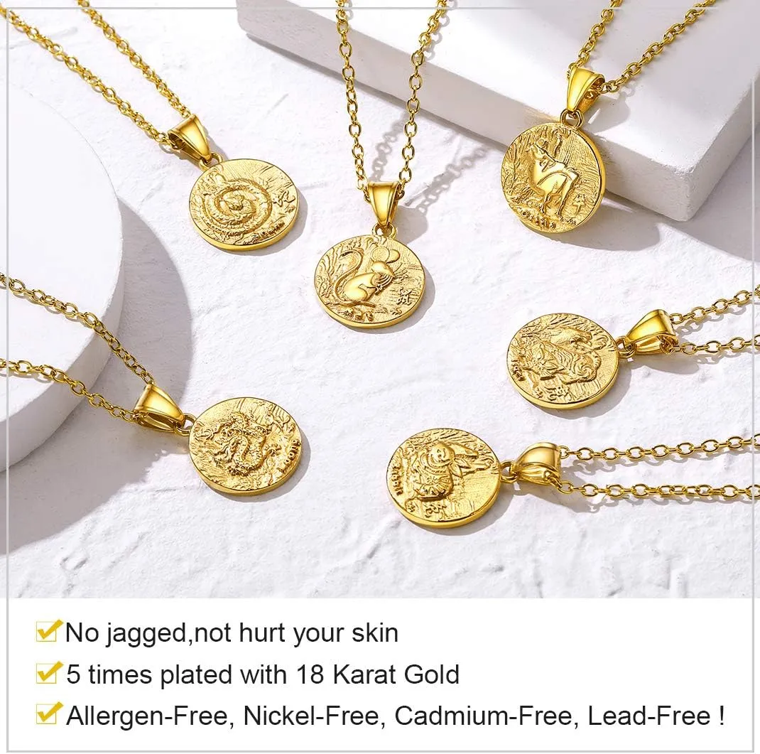 GOLDCHIC JEWELRY Chinese Zodiac Coin Necklace, Gold Round Disc Handmade Animal Pendant Amulet Lucky Charm Necklaces for Women/Girl, Birthday Gift (with Gift Box)