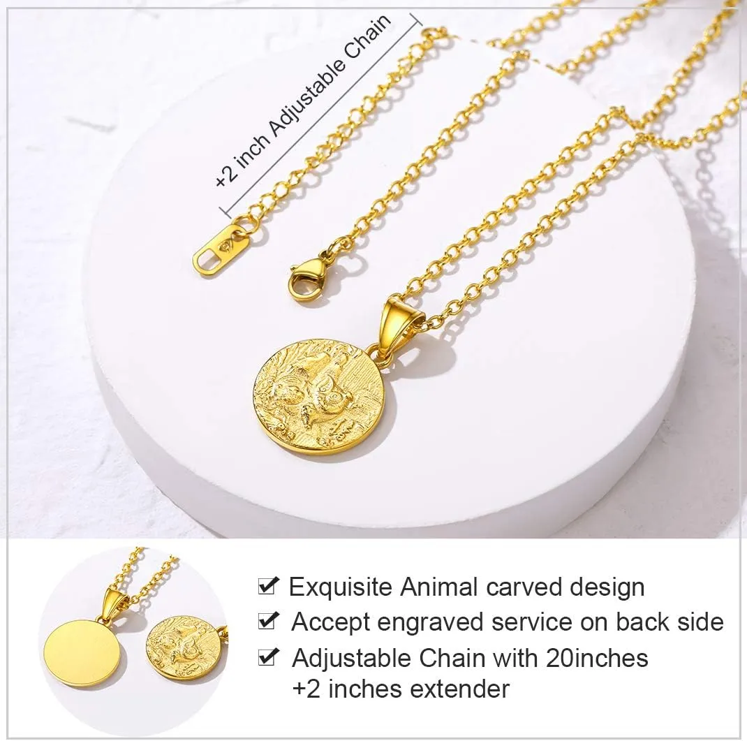 GOLDCHIC JEWELRY Chinese Zodiac Coin Necklace, Gold Round Disc Handmade Animal Pendant Amulet Lucky Charm Necklaces for Women/Girl, Birthday Gift (with Gift Box)
