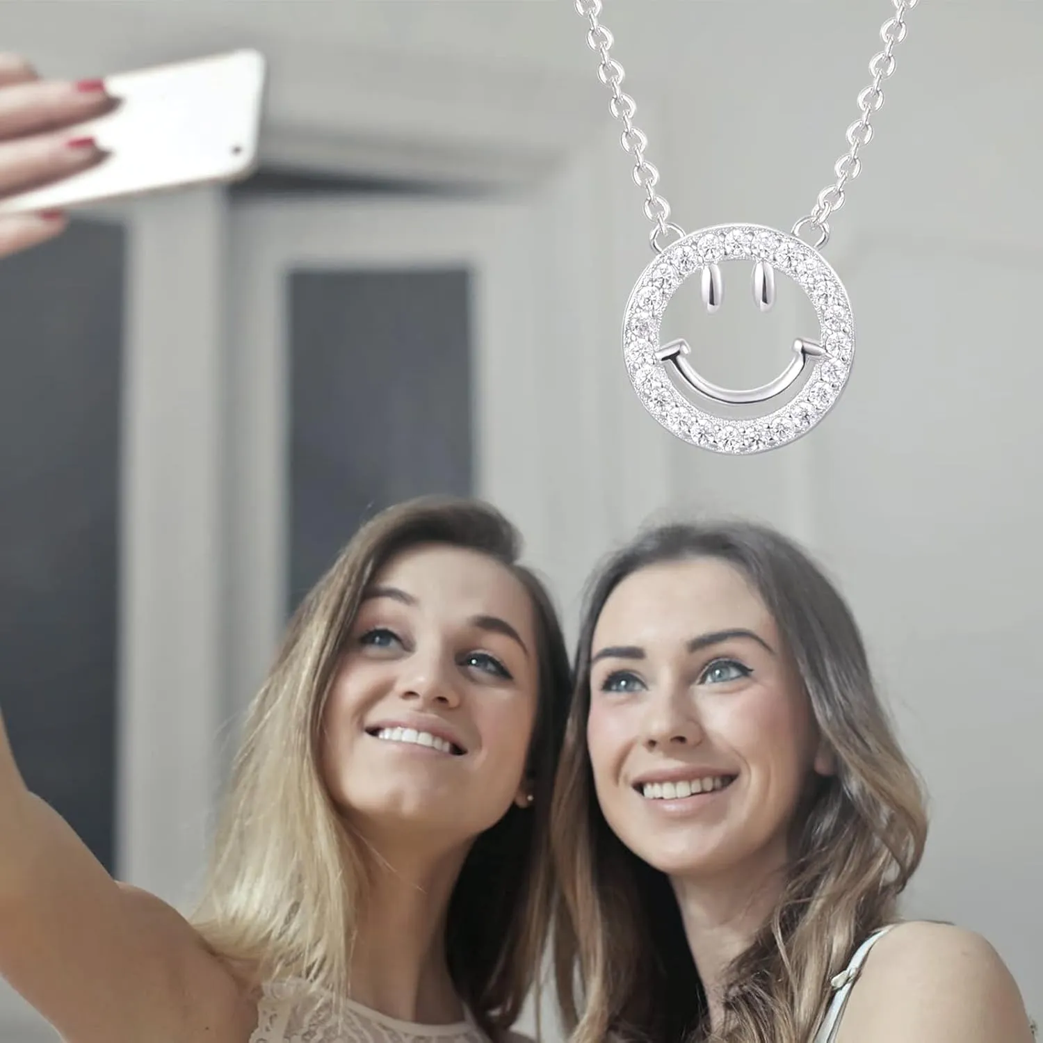 Good Luck Happy-Face Necklaces Rings Stud-Earrings - Dainty Smile Face Jewelry with CZ Simulated Diamond, Cute Preppy Aesthetic Jewelry Gifts for Women