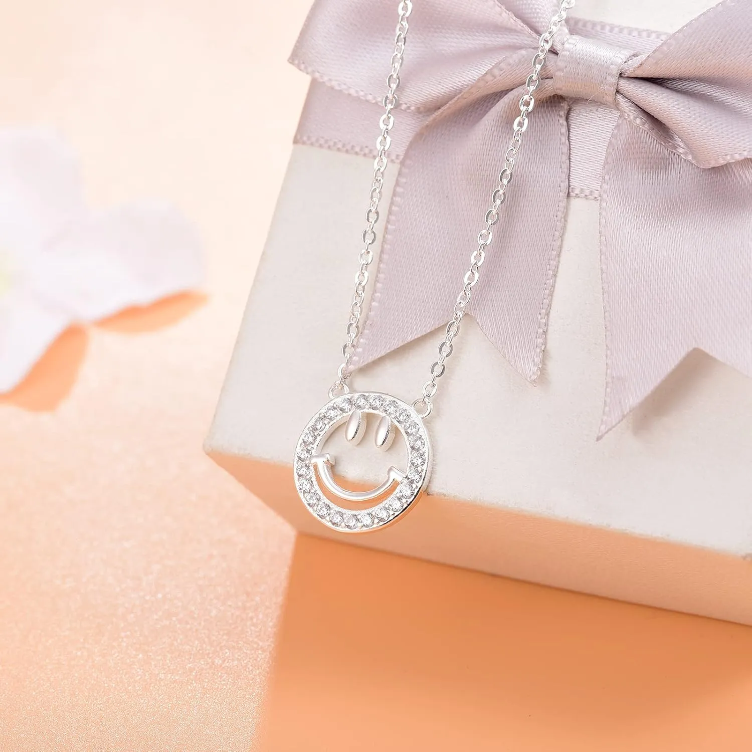 Good Luck Happy-Face Necklaces Rings Stud-Earrings - Dainty Smile Face Jewelry with CZ Simulated Diamond, Cute Preppy Aesthetic Jewelry Gifts for Women