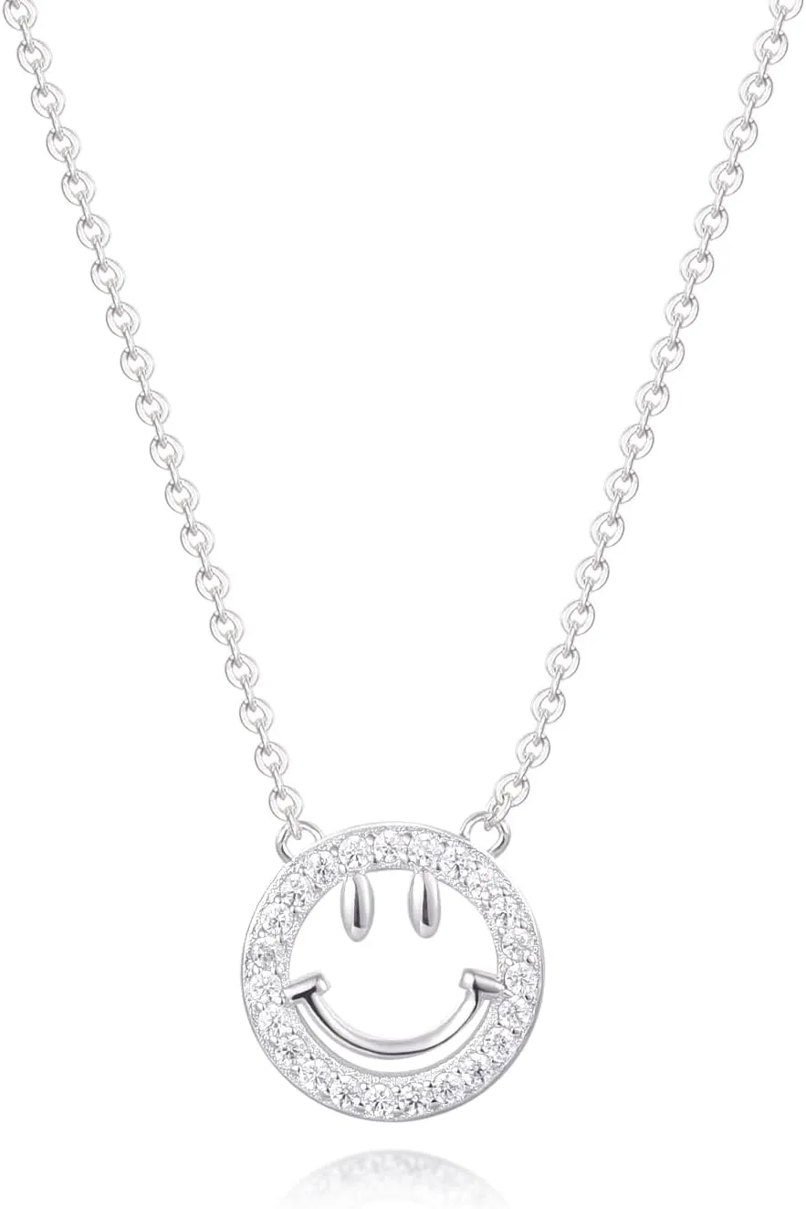 Good Luck Happy-Face Necklaces Rings Stud-Earrings - Dainty Smile Face Jewelry with CZ Simulated Diamond, Cute Preppy Aesthetic Jewelry Gifts for Women