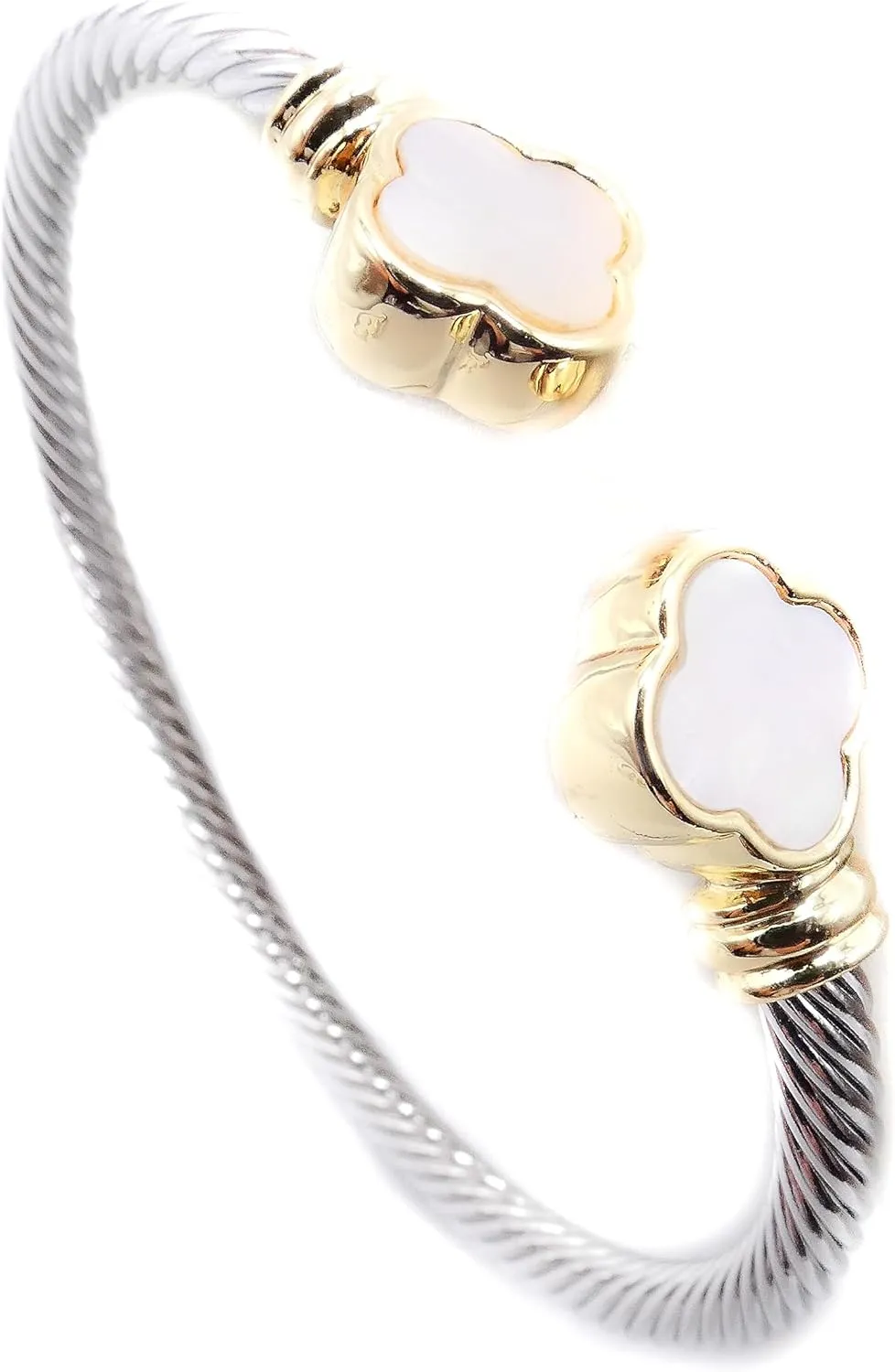 GORGEOUS 18kt Gold Plated Clover Flower End Tips Twisting Silver Cable Cuff Bracelet