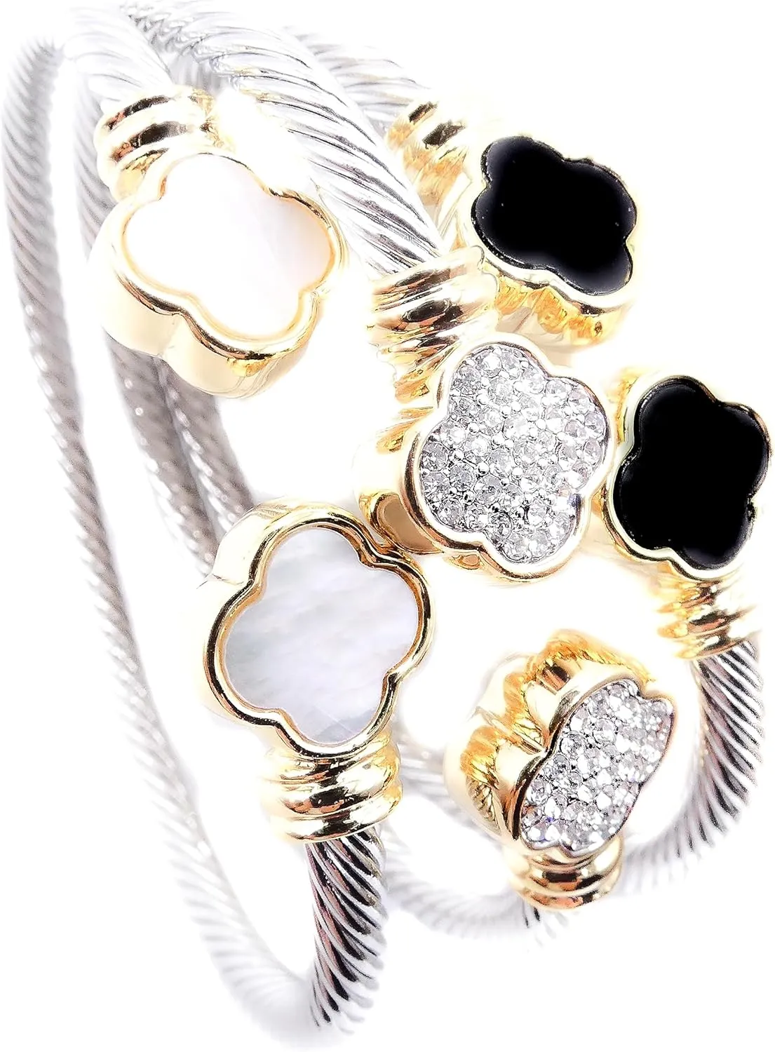 GORGEOUS 18kt Gold Plated Clover Flower End Tips Twisting Silver Cable Cuff Bracelet