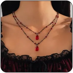 Gothic Layered Y Necklace Black Red Crystal Beads Choker Goth Vampire Blood Drop Necklace Vintage Gothic Tassel Necklaces Birthday Party Christmas Cosplay Halloween Jewelry for Women
