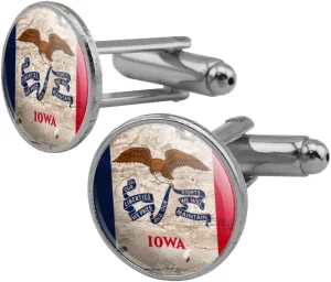 GRAPHICS & MORE Rustic Iowa State Flag Distressed USA Round Cufflink Set Silver Color