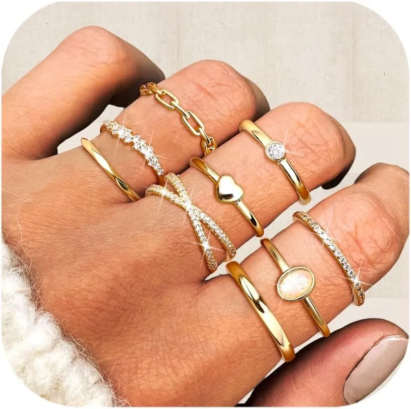 HAIAISO 9PCS 14K Gold Plate Stacking Rings for Women Stackable Knuckle Rings Set CZ Heart Rings Simple Stacking Band Ring Dainty Wedding Gold Ring Comfort Fit Size 6-11
